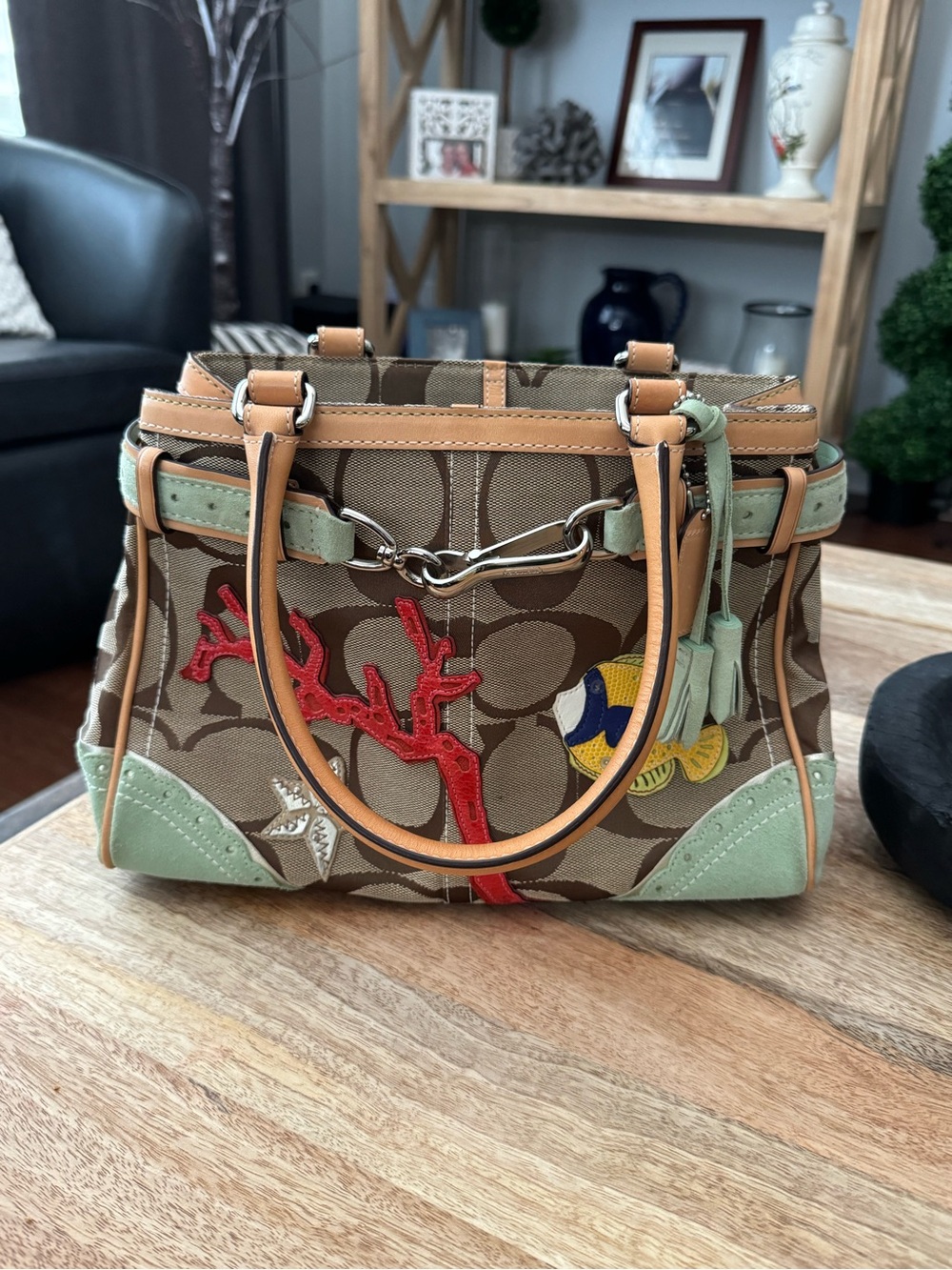 Coach Brown Signature Satchel with Green Trim and Red Appliqué